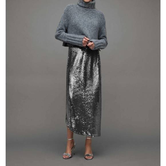 NEW ALLSAINTS opal sparkle midi city sequin skirt in smoke...